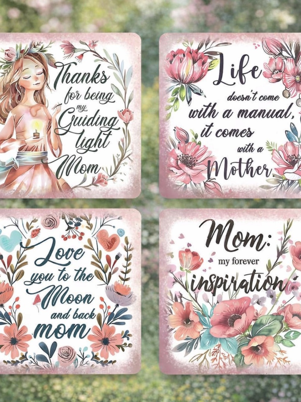 Set of 4 Floral Mom Quote coasters - Pink & Teal